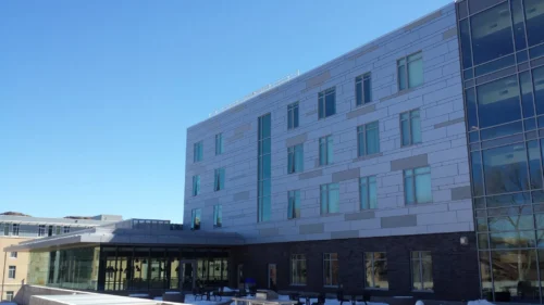 Commercial exterior of building showing windows